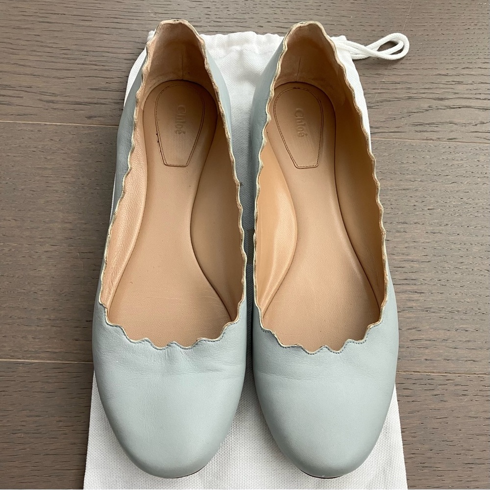 Chloe Leather Scalloped Ballet Flats - Baby Blue 🩵